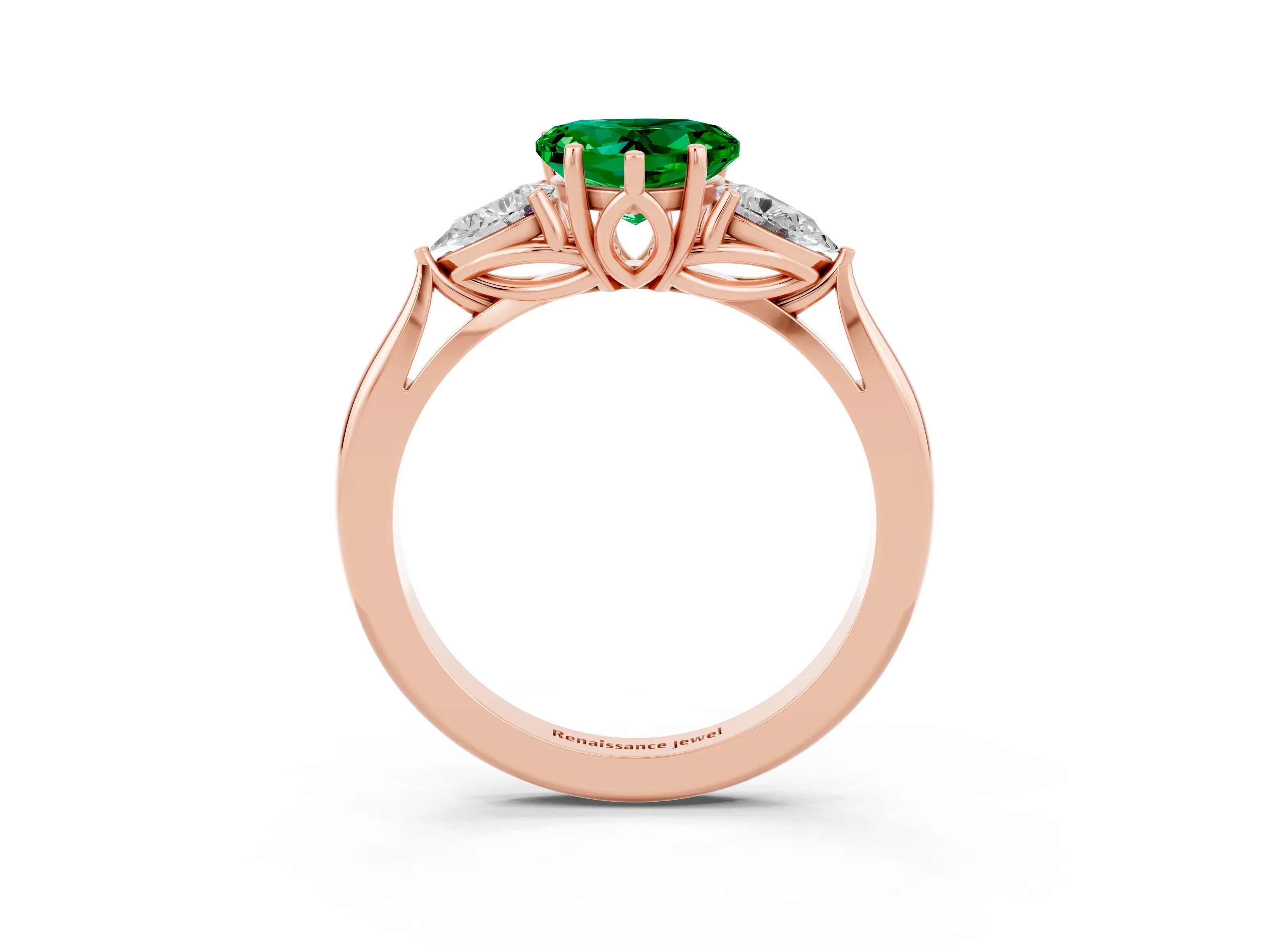 Rose gold Heart Cut Emerald Three-Stone Ring with Pear Side Stones and Four-Prong Setting_15