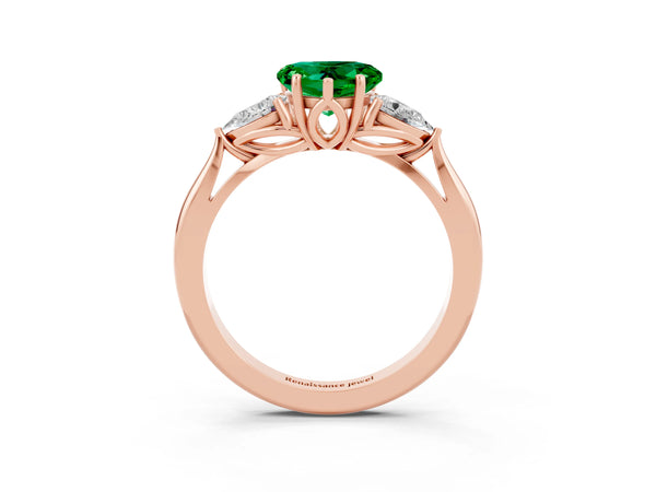 Rose gold Heart Cut Emerald Three-Stone Ring with Pear  Side Stones and Prong Setting