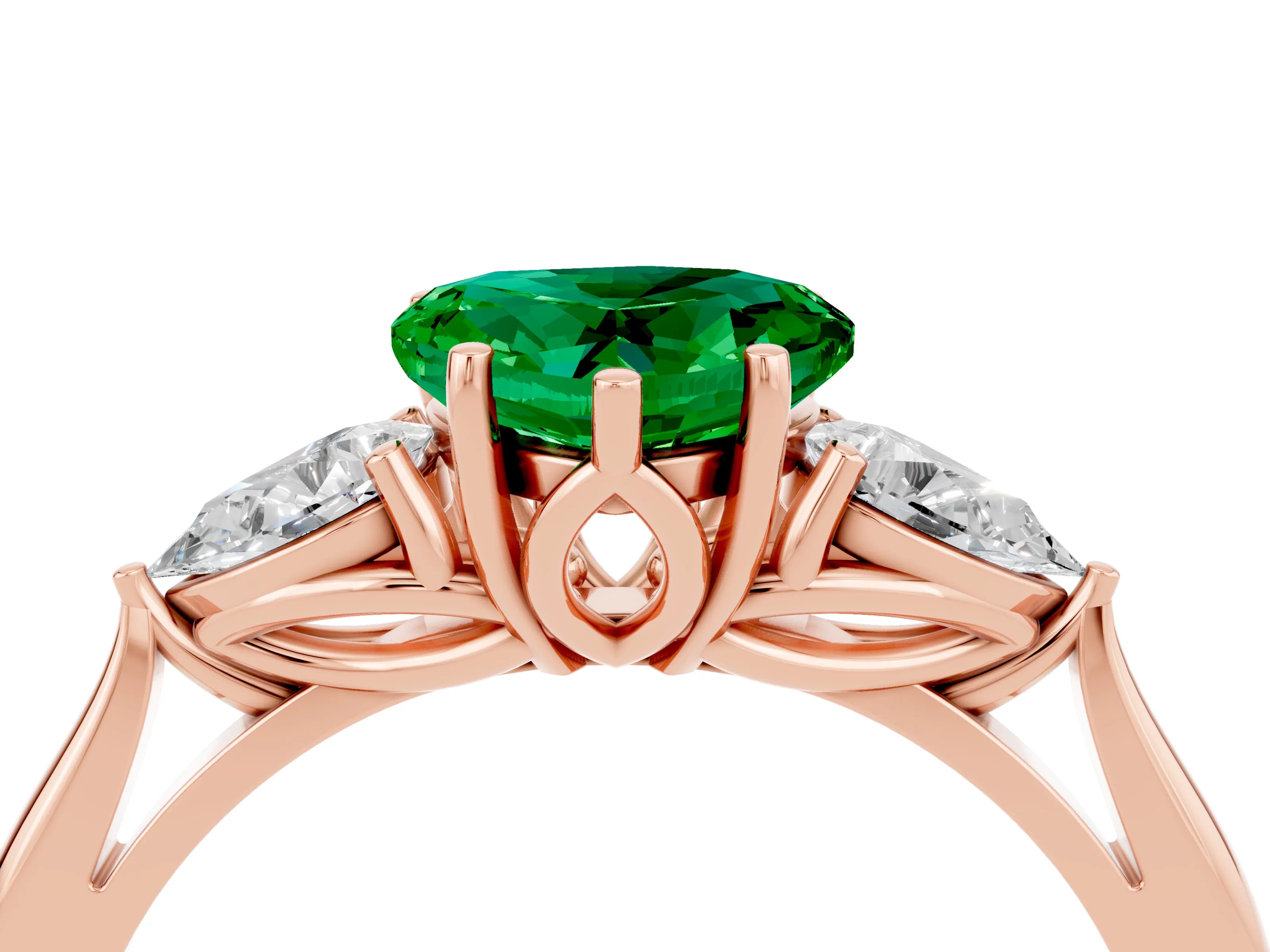 Rose gold Heart Cut Emerald Three-Stone Ring with Pear Side Stones and Four-Prong Setting_16