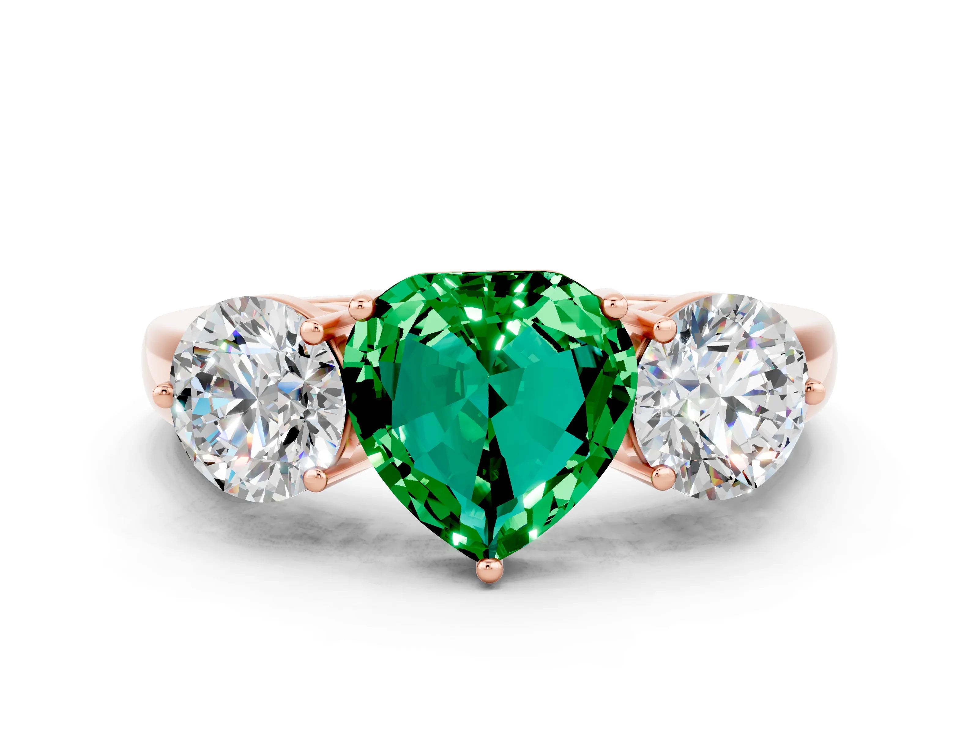 Rose gold Heart Cut Emerald Three-Stone Ring with Prong Setting and Classic Band