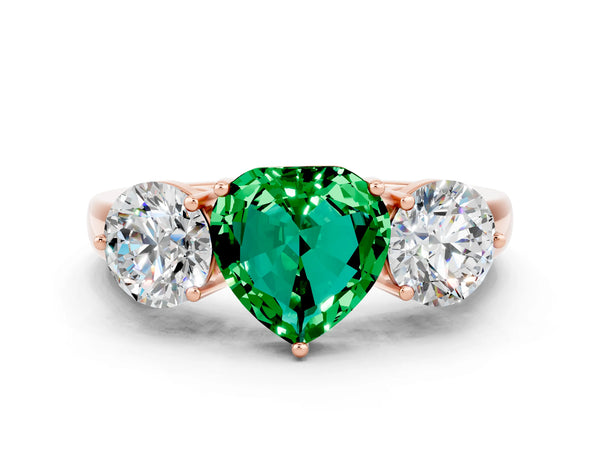 Rose gold Heart Cut Emerald Three-Stone Ring with Prong Setting and Classic Band