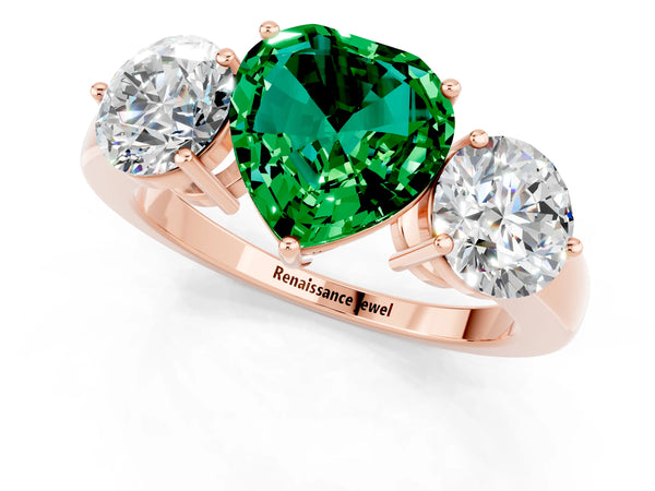 Rose gold Heart Cut Emerald Three-Stone Ring with Prong Setting and Classic Band