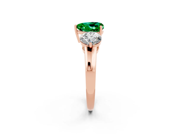 Rose gold Heart Cut Emerald Three-Stone Ring with Prong Setting and Classic Band
