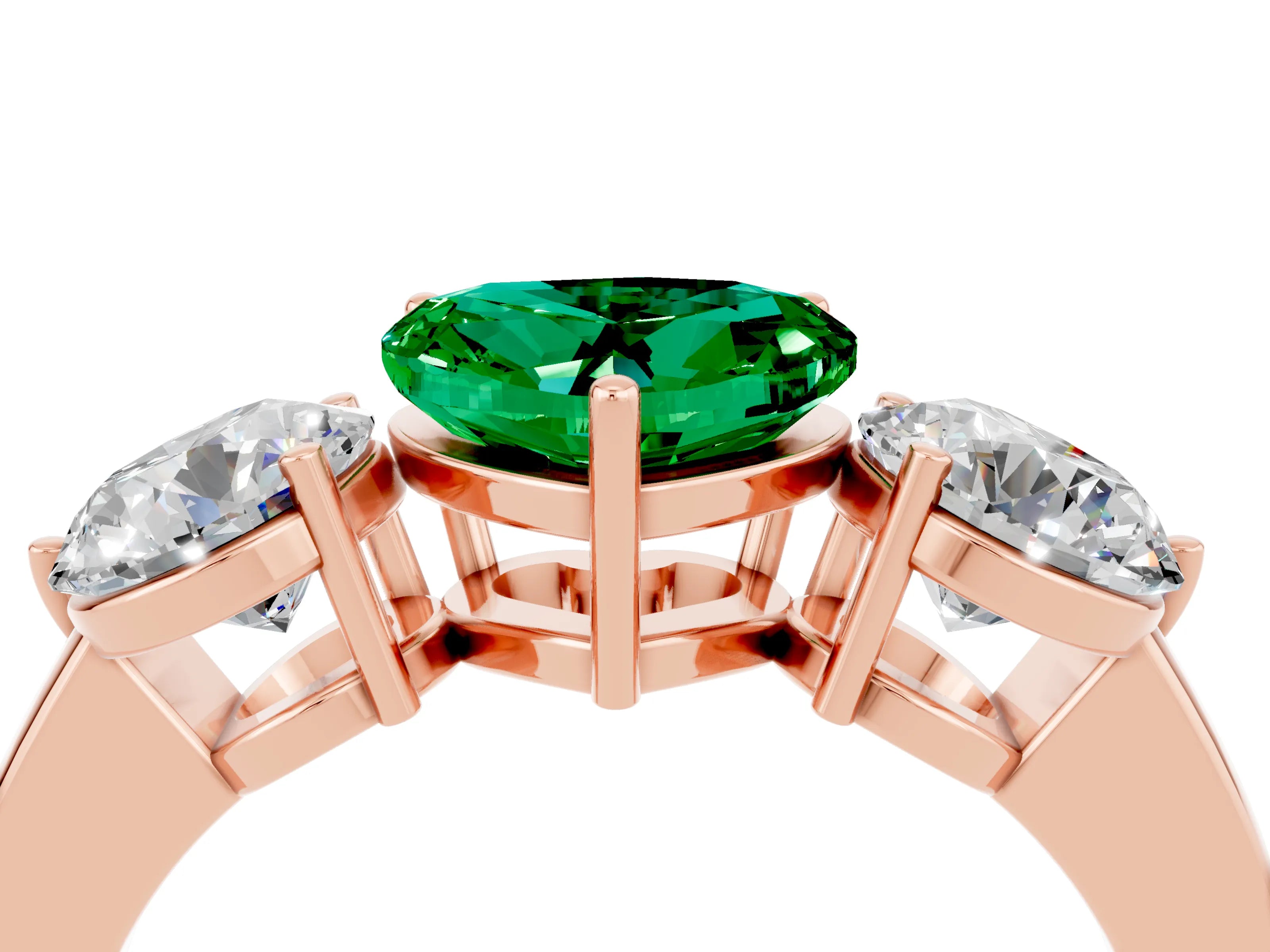 Rose gold Heart Cut Emerald Three-Stone Ring with Prong Setting and Classic Band_4