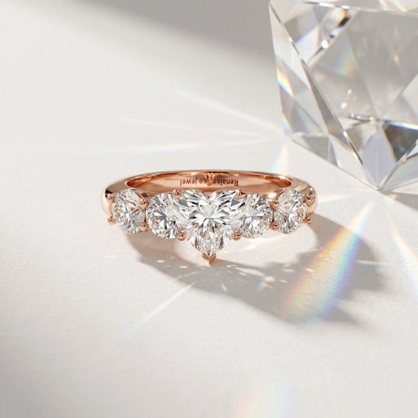 Rose gold Heart Cut Five-Stone Prong Set Diamond Ring with Classic Band