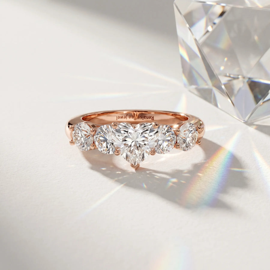 Rose gold Heart Cut Five-Stone Prong Set Diamond Ring with Classic Band
