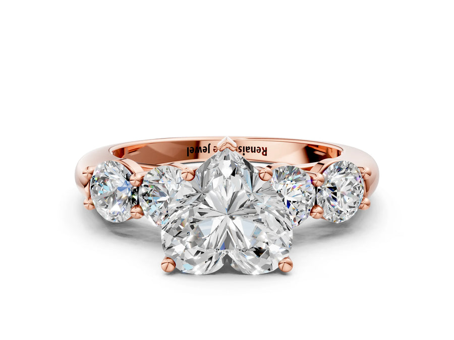 Rose gold Heart Cut Five-Stone Prong Set Diamond Ring with Classic Band
