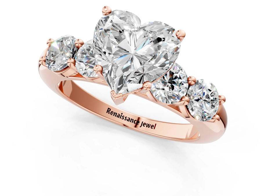 Rose gold Heart Cut Five-Stone Prong Set Diamond Ring with Classic Band