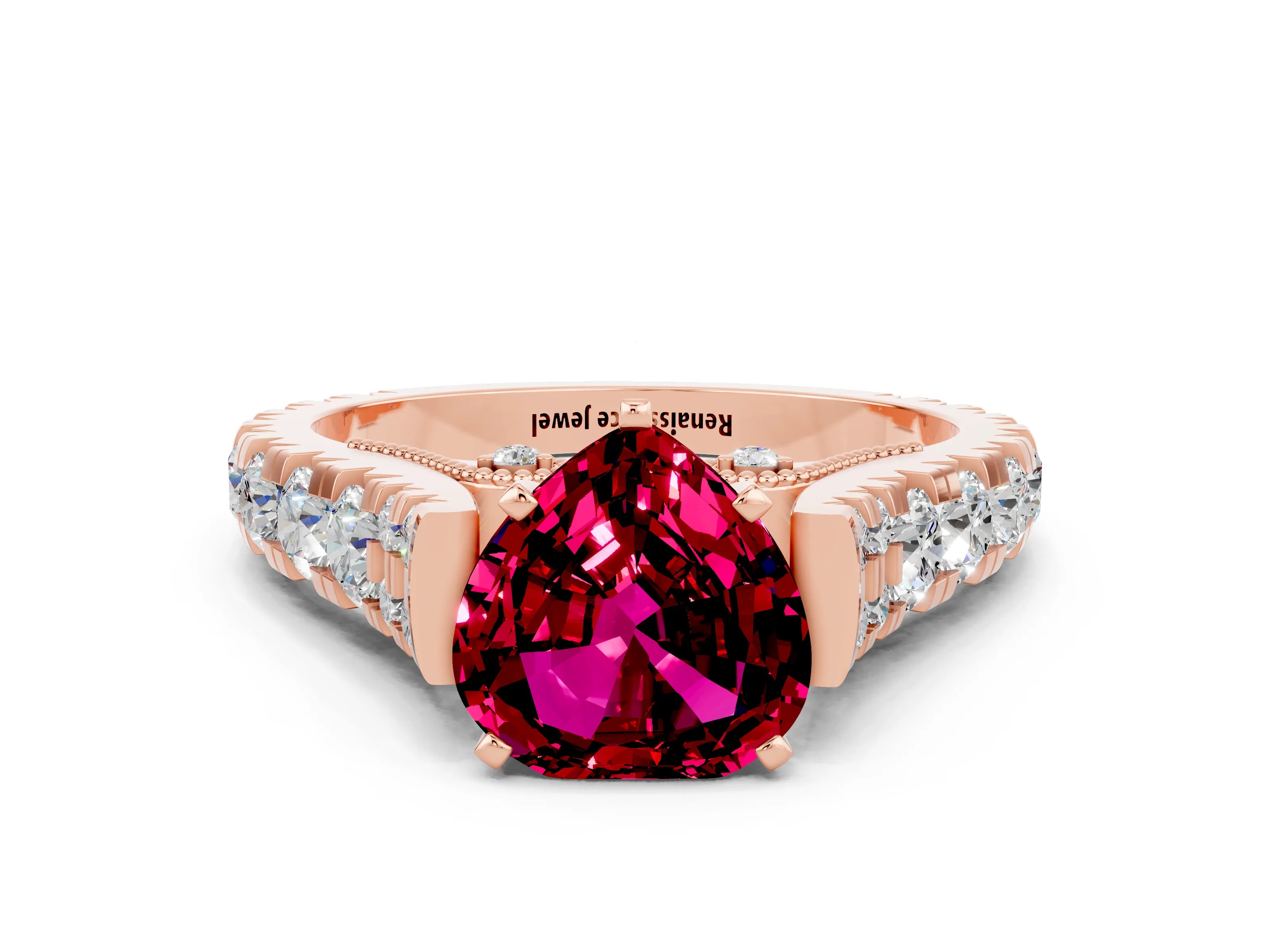 Rose gold Heart Cut Garnet Classic Solitaire Ring with Pavé Band and Four-Prong Setting