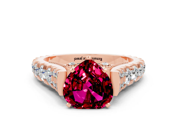 Rose gold Heart Cut Garnet Classic Solitaire Ring with Pavé Band and Four-Prong Setting