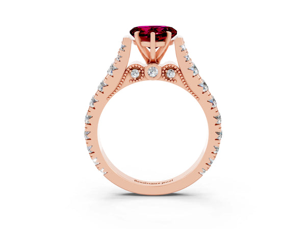 Rose gold Heart Cut Garnet Classic Solitaire Ring with Pavé Band and Four-Prong Setting