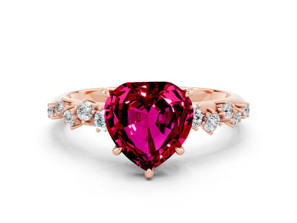 Rose gold Heart Cut Garnet Cluster Side Stone Solitaire Ring with Prong Setting