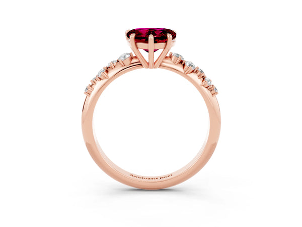 Rose gold Heart Cut Garnet Cluster Side Stone Solitaire Ring with Prong Setting