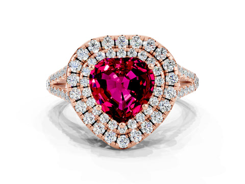 Rose gold Heart Cut Garnet Double Halo Ring with Pavé Band and Prong Setting_12