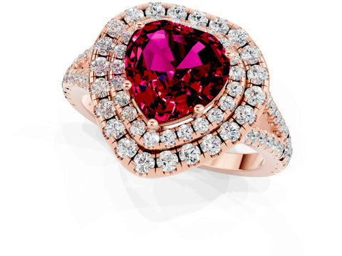 Rose gold Heart Cut Garnet Double Halo Ring with Pavé Band and Prong Setting_13