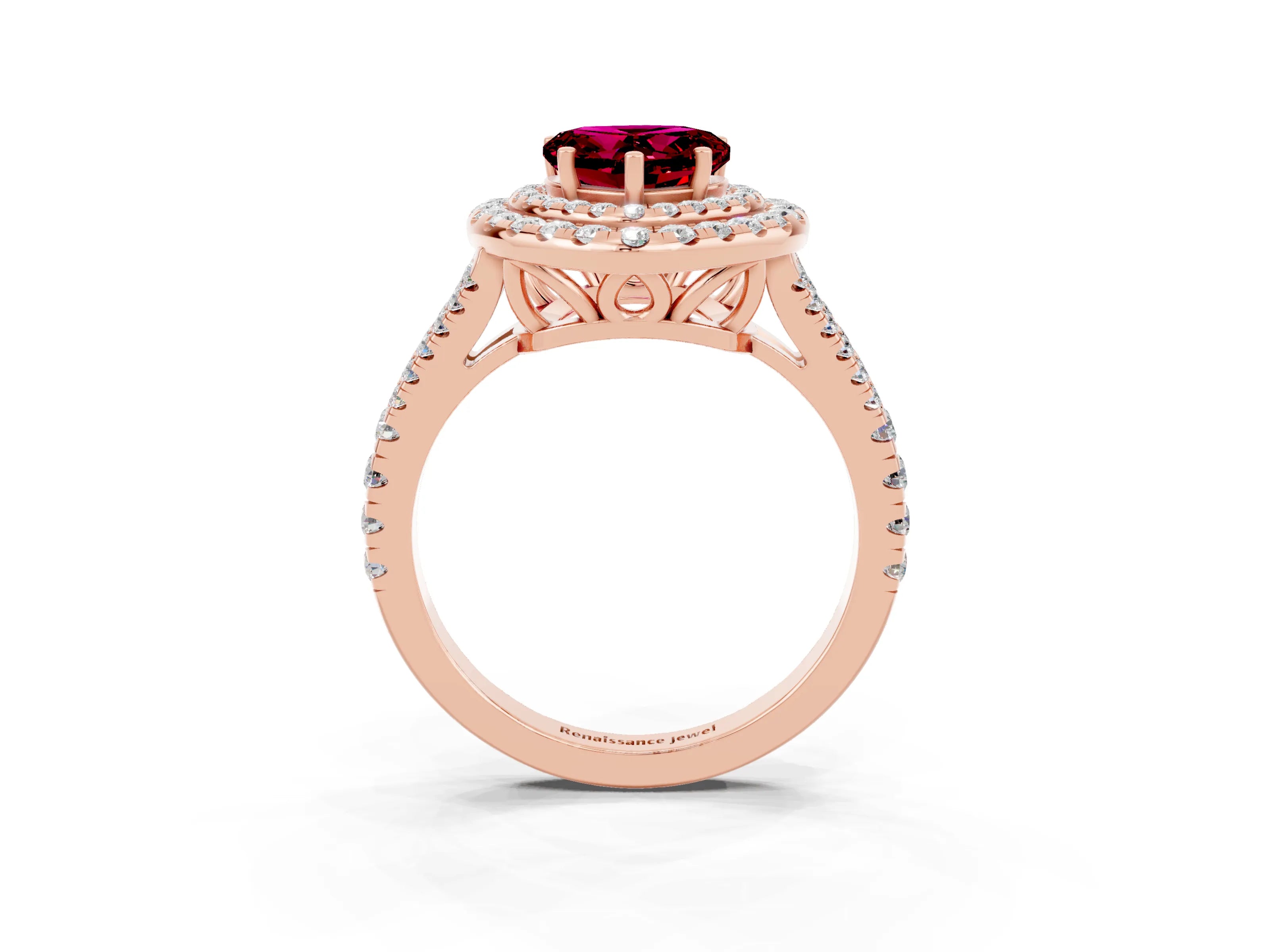 Rose gold Heart Cut Garnet Double Halo Ring with Pavé Band and Prong Setting_15