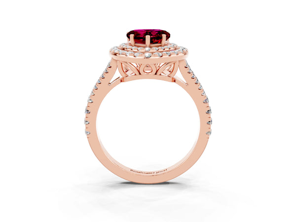 Rose gold Heart Cut Garnet Double Halo Ring with Pavé Band and Prong Setting