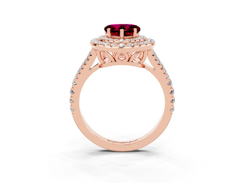 Rose gold Heart Cut Garnet Double Halo Ring with Pavé Band and Prong Setting_15