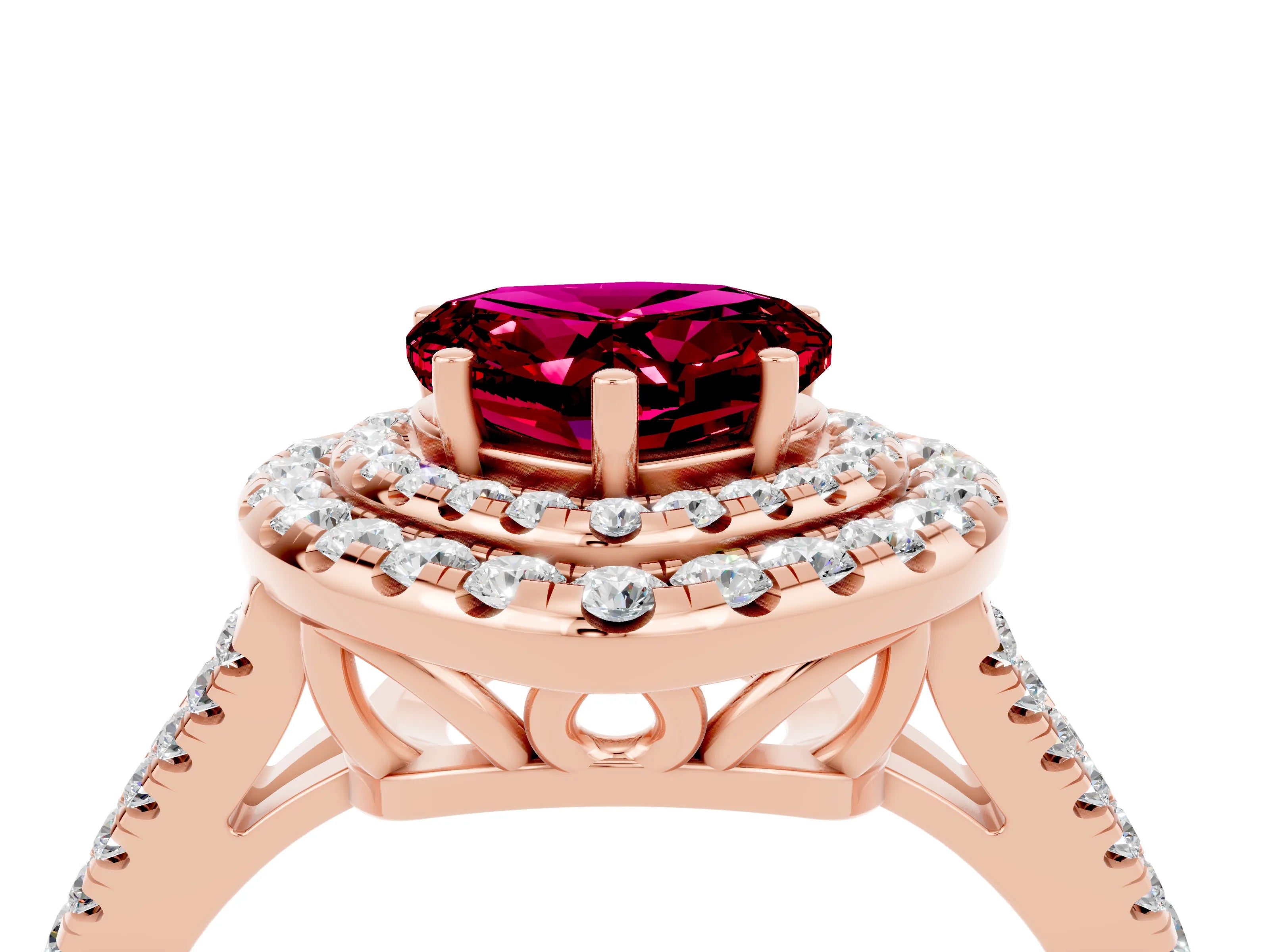 Rose gold Heart Cut Garnet Double Halo Ring with Pavé Band and Prong Setting_16