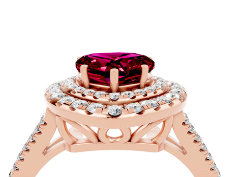 Rose gold Heart Cut Garnet Double Halo Ring with Pavé Band and Prong Setting_16