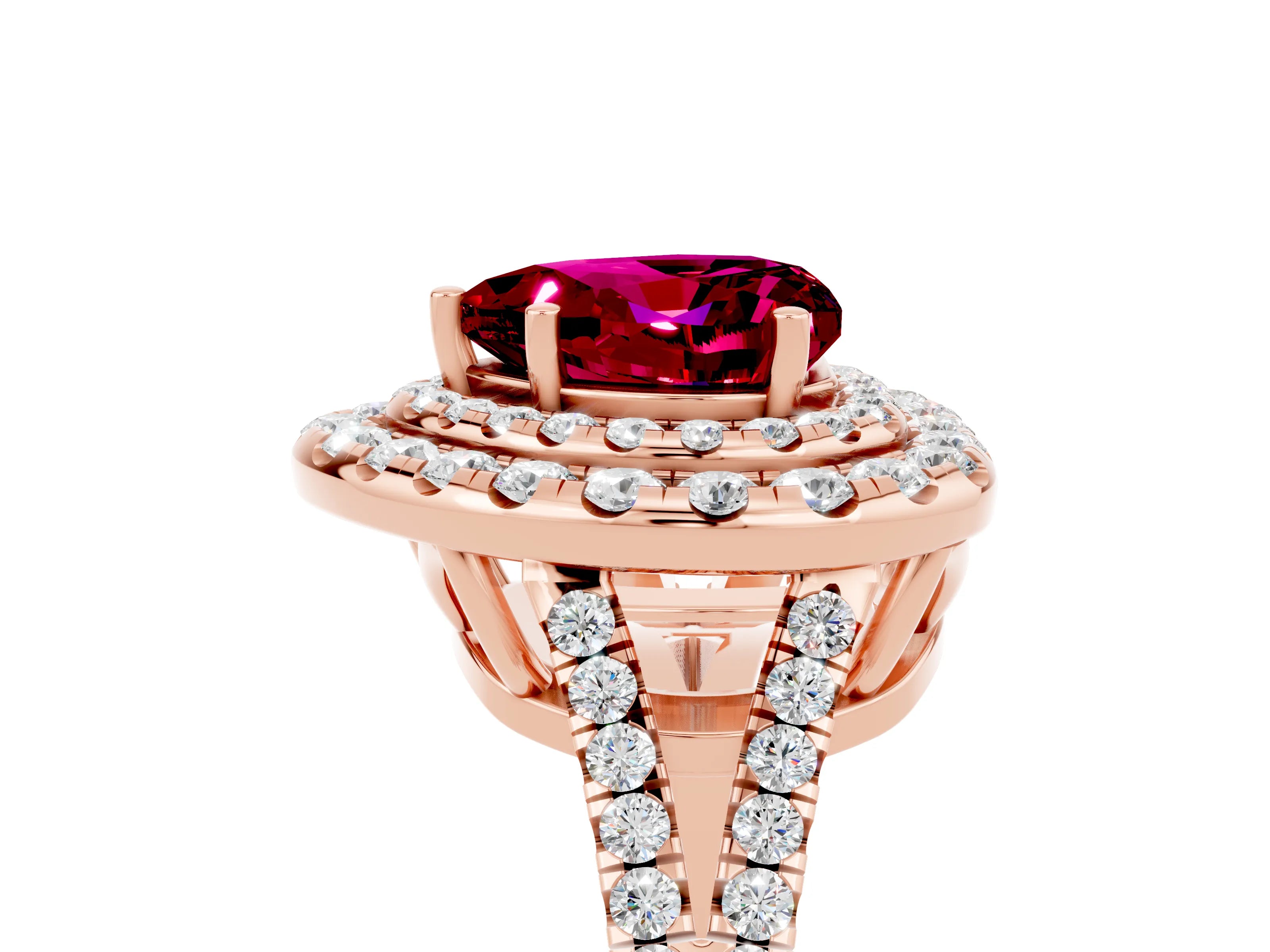 Rose gold Heart Cut Garnet Double Halo Ring with Pavé Band and Prong Setting_17