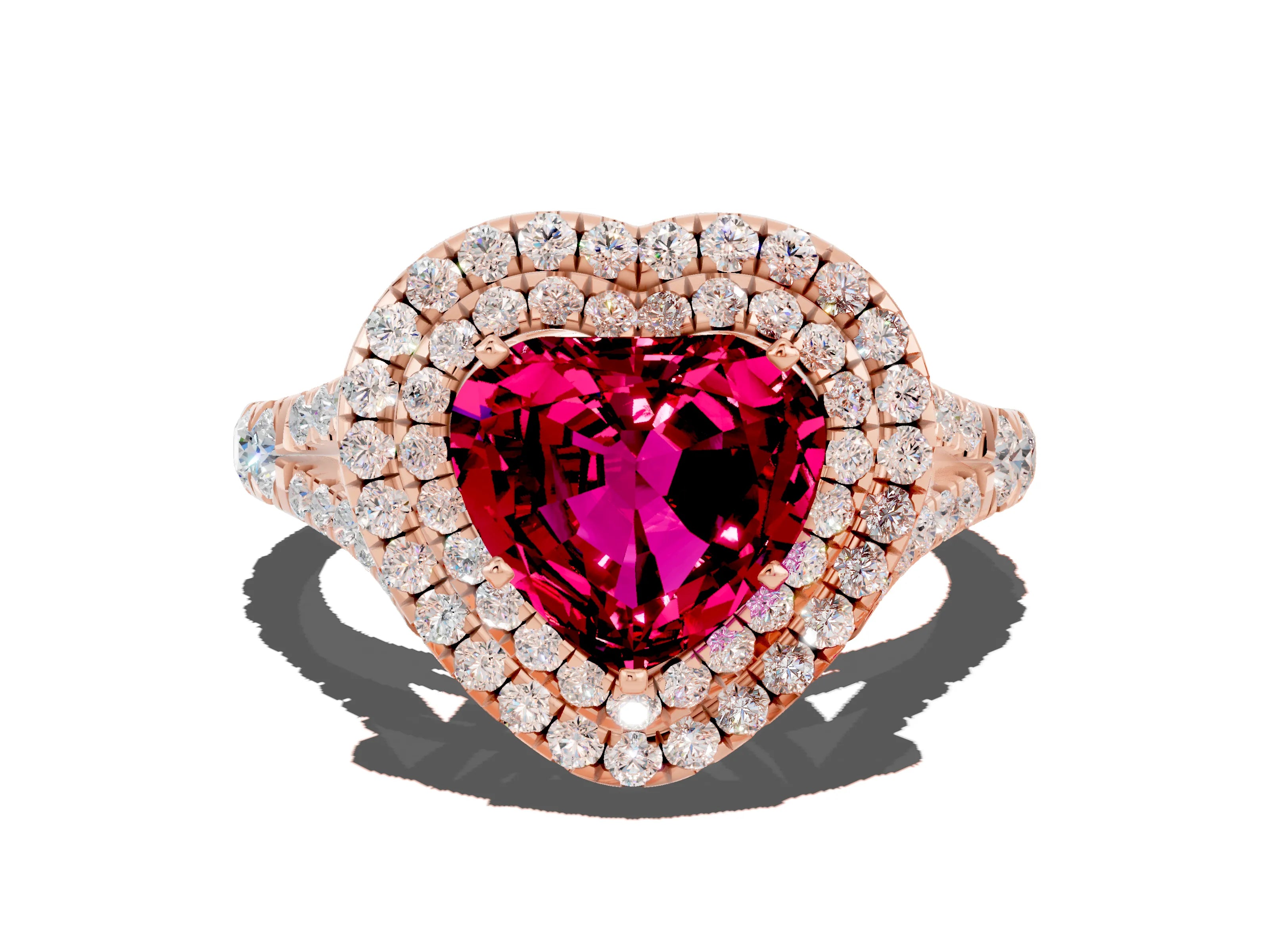 Rose gold Heart Cut Garnet Double Halo Ring with Split Shank and Prong Setting_12