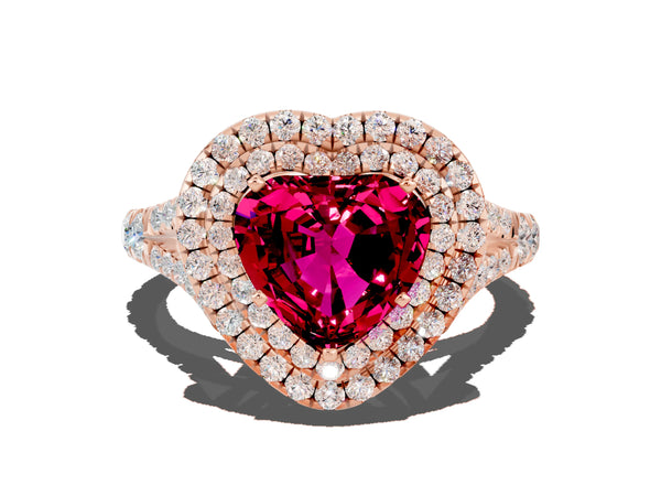 Rose gold Heart Cut Garnet Double Halo Ring with Split Shank and Prong Setting