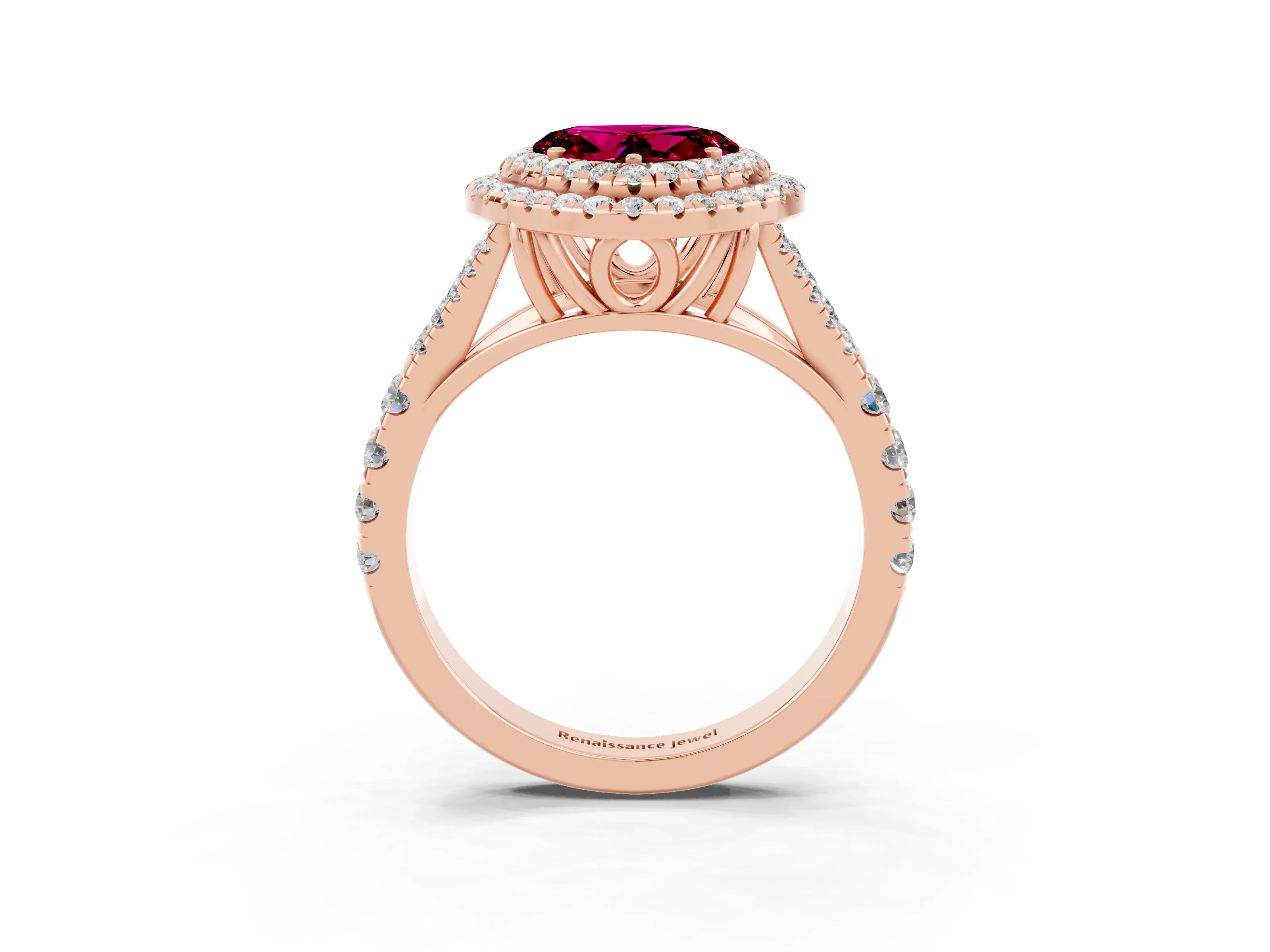 Rose gold Heart Cut Garnet Double Halo Ring with Split Shank and Prong Setting_15