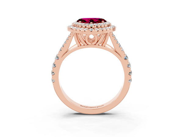Rose gold Heart Cut Garnet Double Halo Ring with Split Shank and Prong Setting