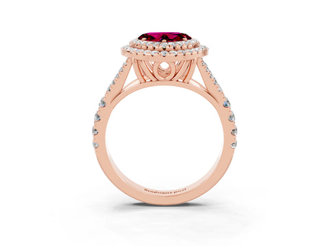 Rose gold Heart Cut Garnet Double Halo Ring with Split Shank and Prong Setting_15