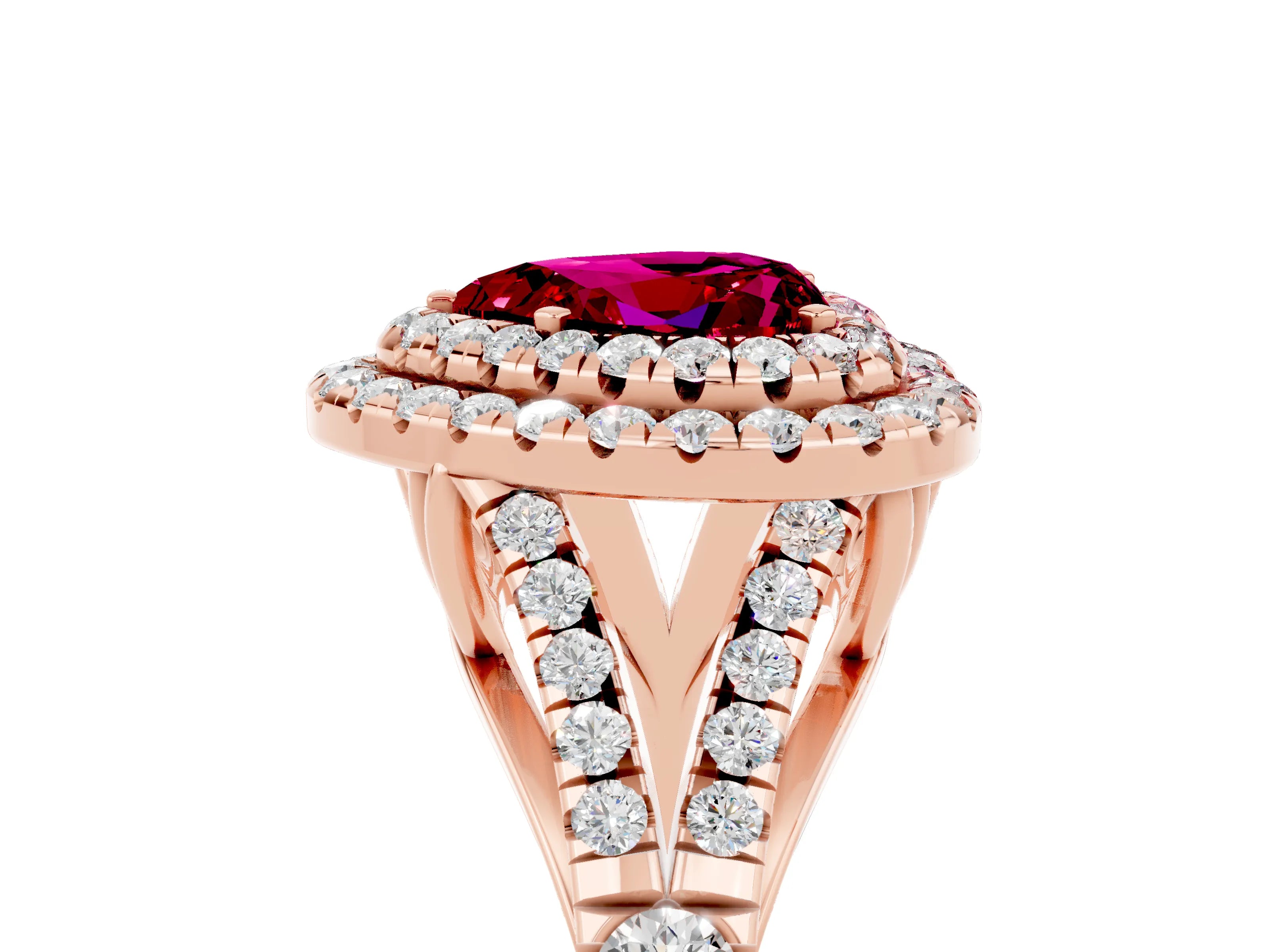 Rose gold Heart Cut Garnet Double Halo Ring with Split Shank and Prong Setting_17