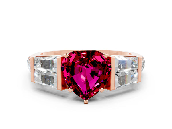 Rose gold Heart Cut Garnet Engagement Ring with Baguette Side Stones and Channel Set Band