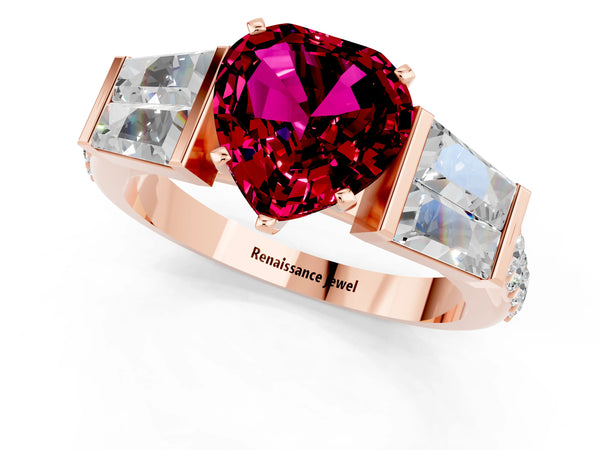 Rose gold Heart Cut Garnet Engagement Ring with Baguette Side Stones and Channel Set Band