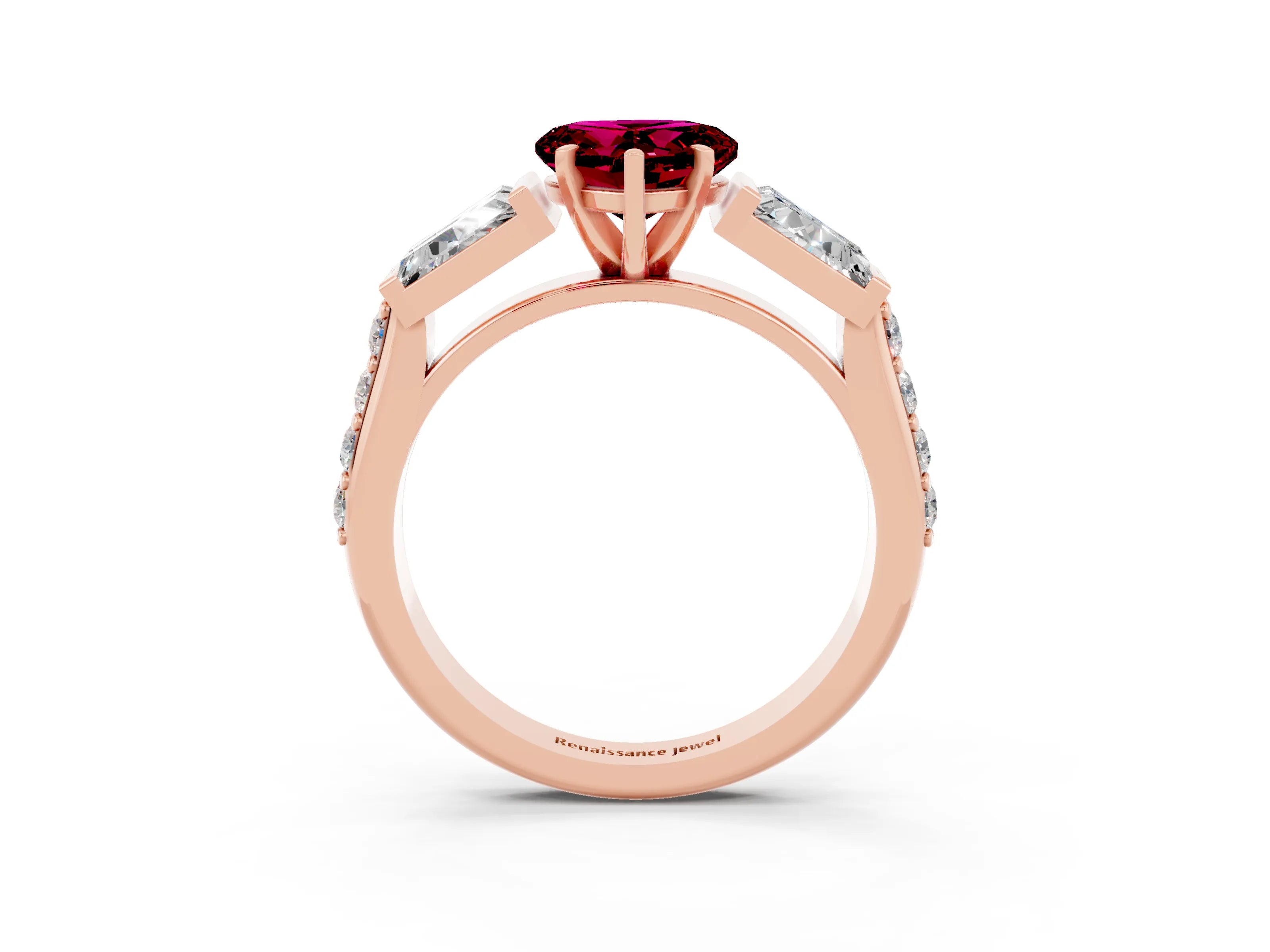 Rose gold Heart Cut Garnet Engagement Ring with Baguette Side Stones and Channel Set Band_3