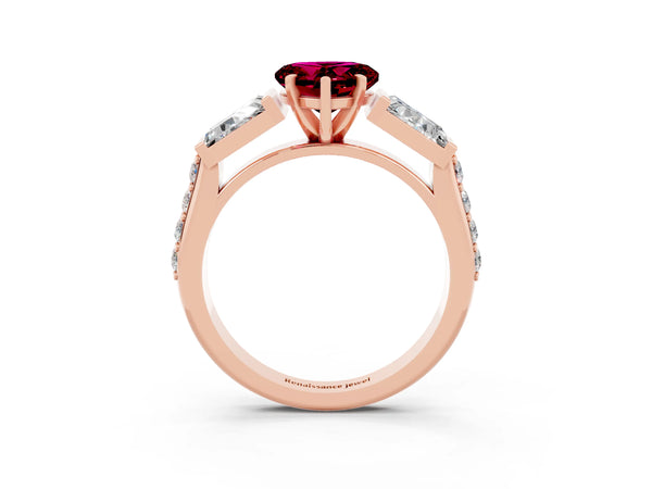 Rose gold Heart Cut Garnet Engagement Ring with Baguette Side Stones and Channel Set Band