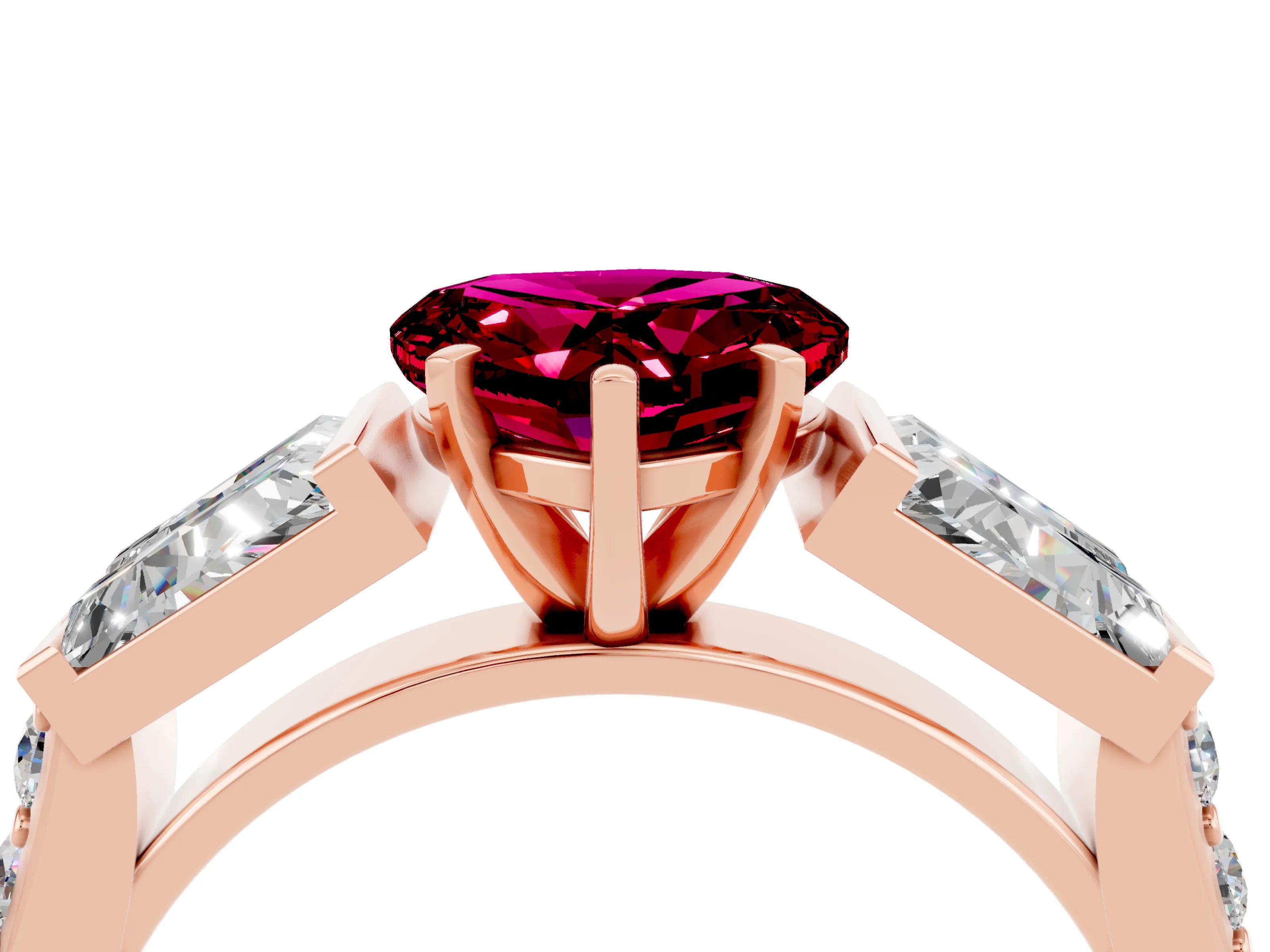 Rose gold Heart Cut Garnet Engagement Ring with Baguette Side Stones and Channel Set Band_4