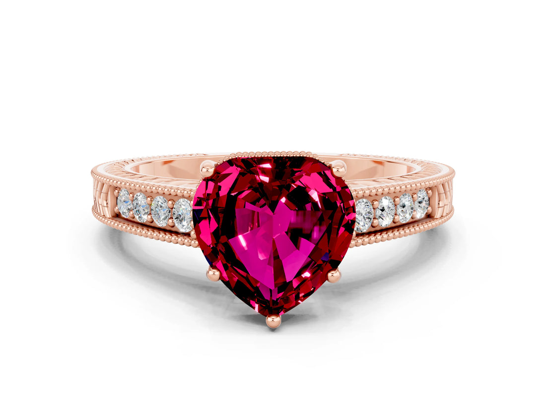 Rose gold Heart Cut Garnet Engagement Ring with Milgrain Channel Set Band and Prong Setting