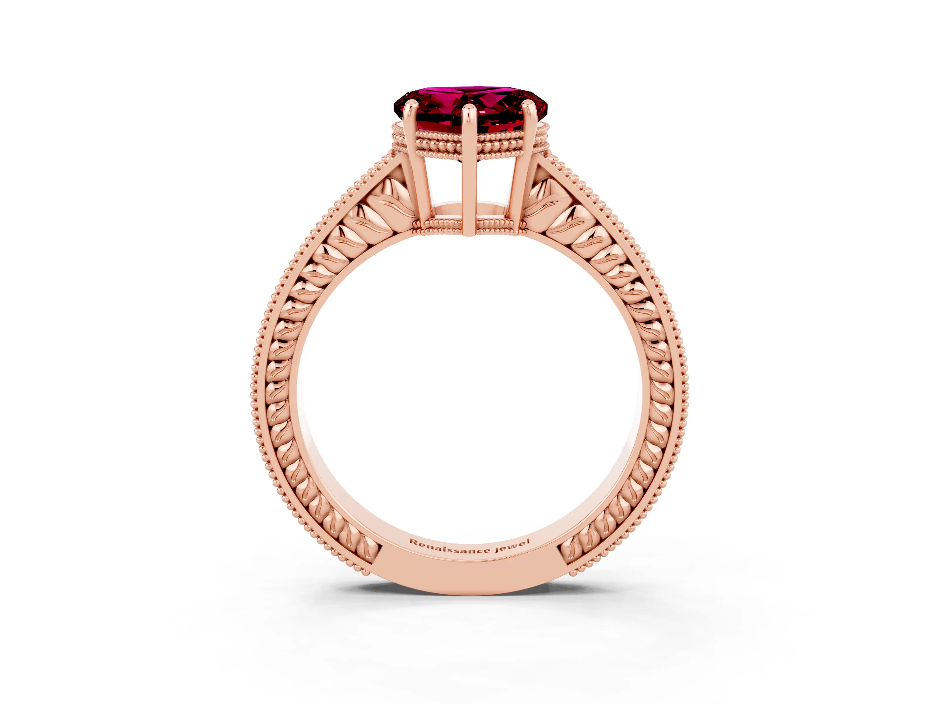 Rose gold Heart Cut Garnet Engagement Ring with Milgrain Channel Set Band and Prong Setting_3
