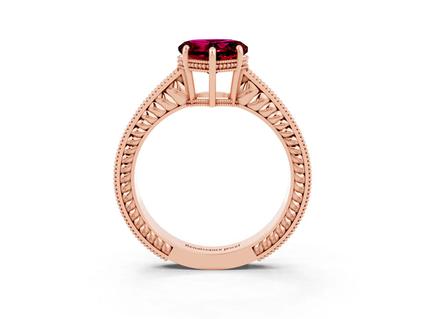 Rose gold Heart Cut Garnet Engagement Ring with Milgrain Channel Set Band and Prong Setting
