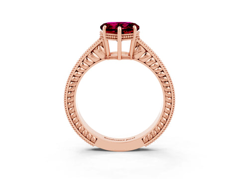 Rose gold Heart Cut Garnet Engagement Ring with Milgrain Channel Set Band and Prong Setting_3