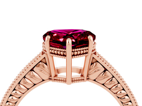 Rose gold Heart Cut Garnet Engagement Ring with Milgrain Channel Set Band and Prong Setting_4