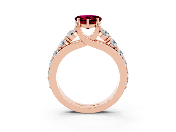 Rose gold Heart Cut Garnet Engagement Ring with Pavé Band and Four-Prong Setting