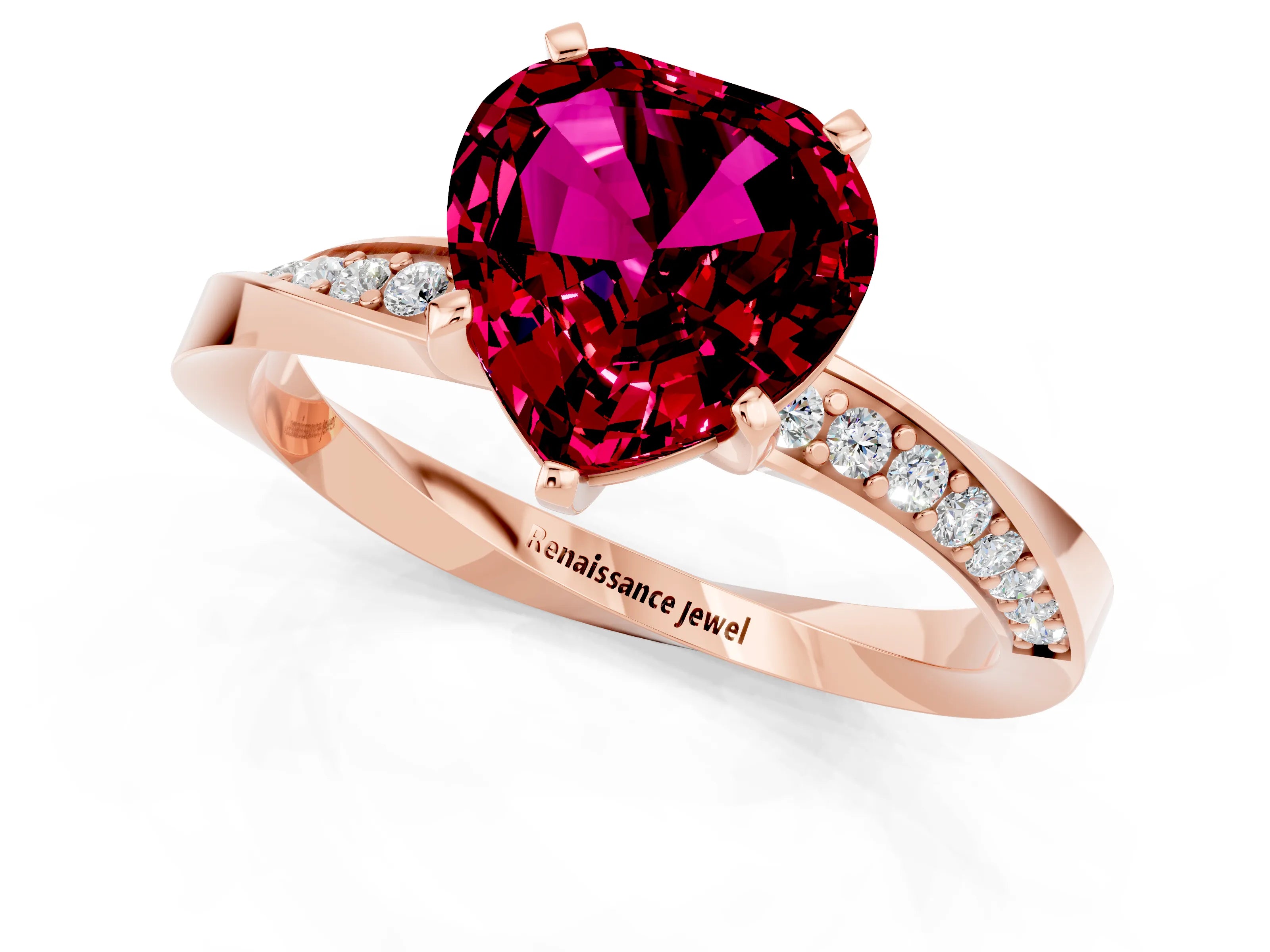 Rose gold Heart Cut Garnet Engagement Ring with Side Stone Accents and Four-Prong Setting_25