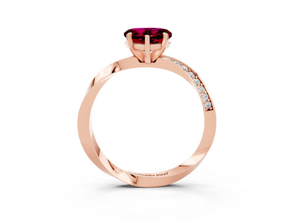 Rose gold Heart Cut Garnet Engagement Ring with Side Stone Accents and Four-Prong Setting