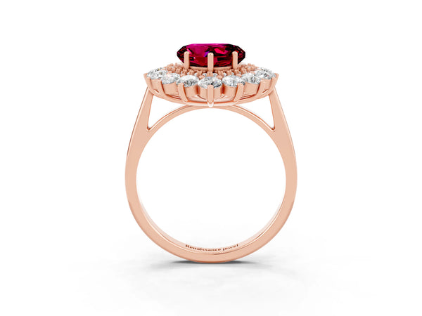Rose gold Heart Cut Garnet Floral Double Halo Engagement Ring with Prong Setting