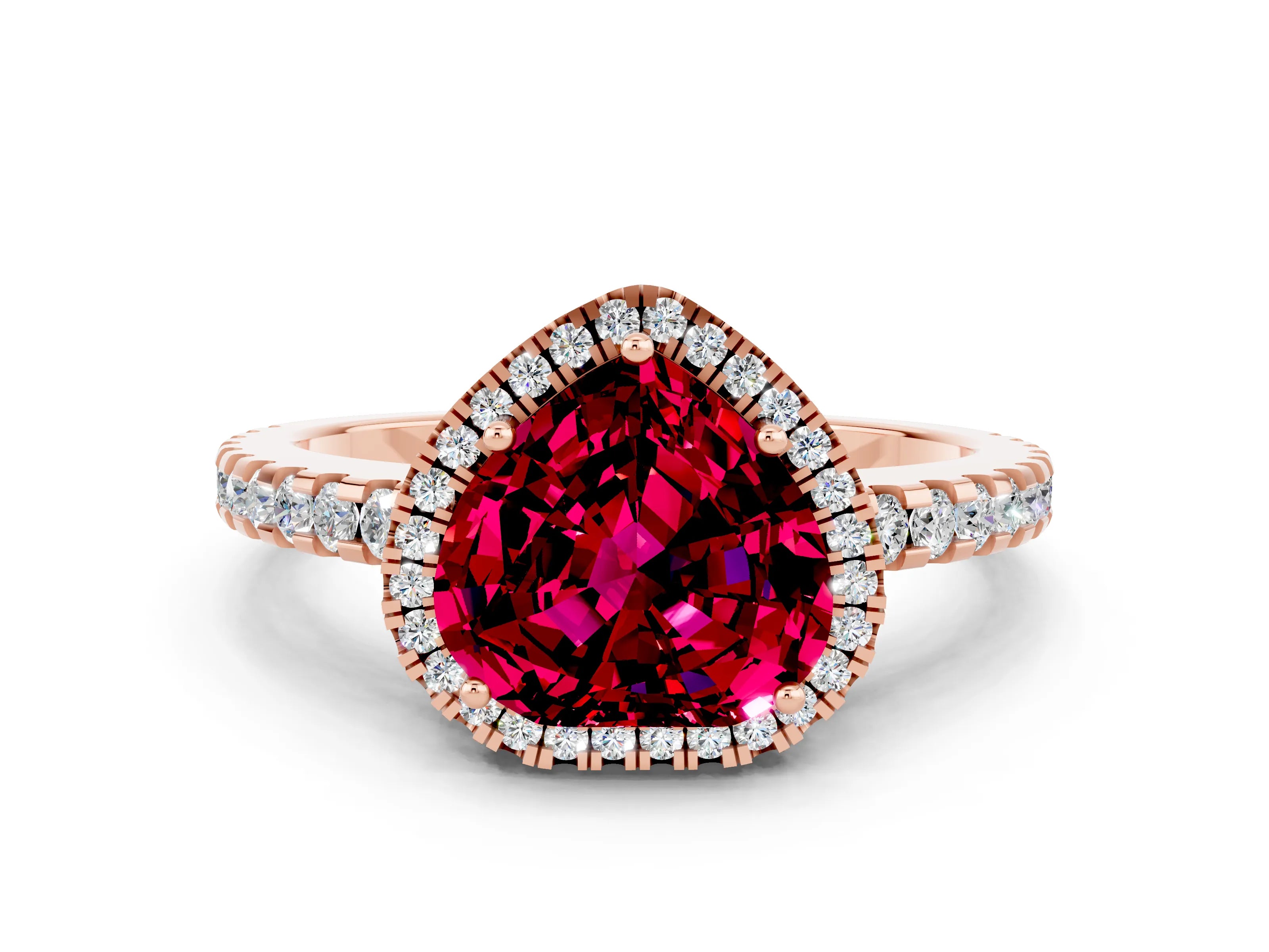 Rose gold Heart Cut Garnet Halo Engagement Ring with Pavé Band and Prong Setting_12