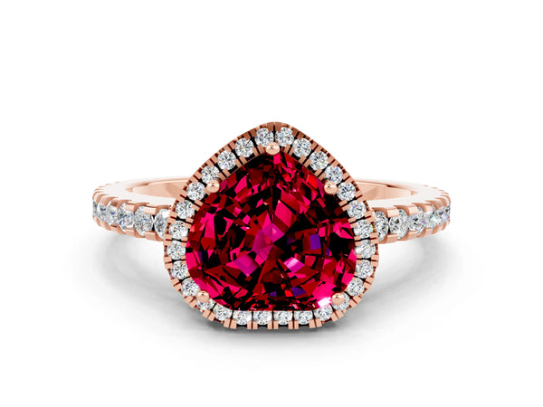 Rose gold Heart Cut Garnet Halo Engagement Ring with Pavé Band and Prong Setting