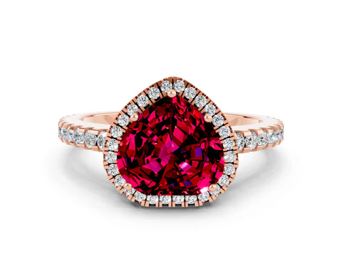 Rose gold Heart Cut Garnet Halo Engagement Ring with Pavé Band and Prong Setting_12