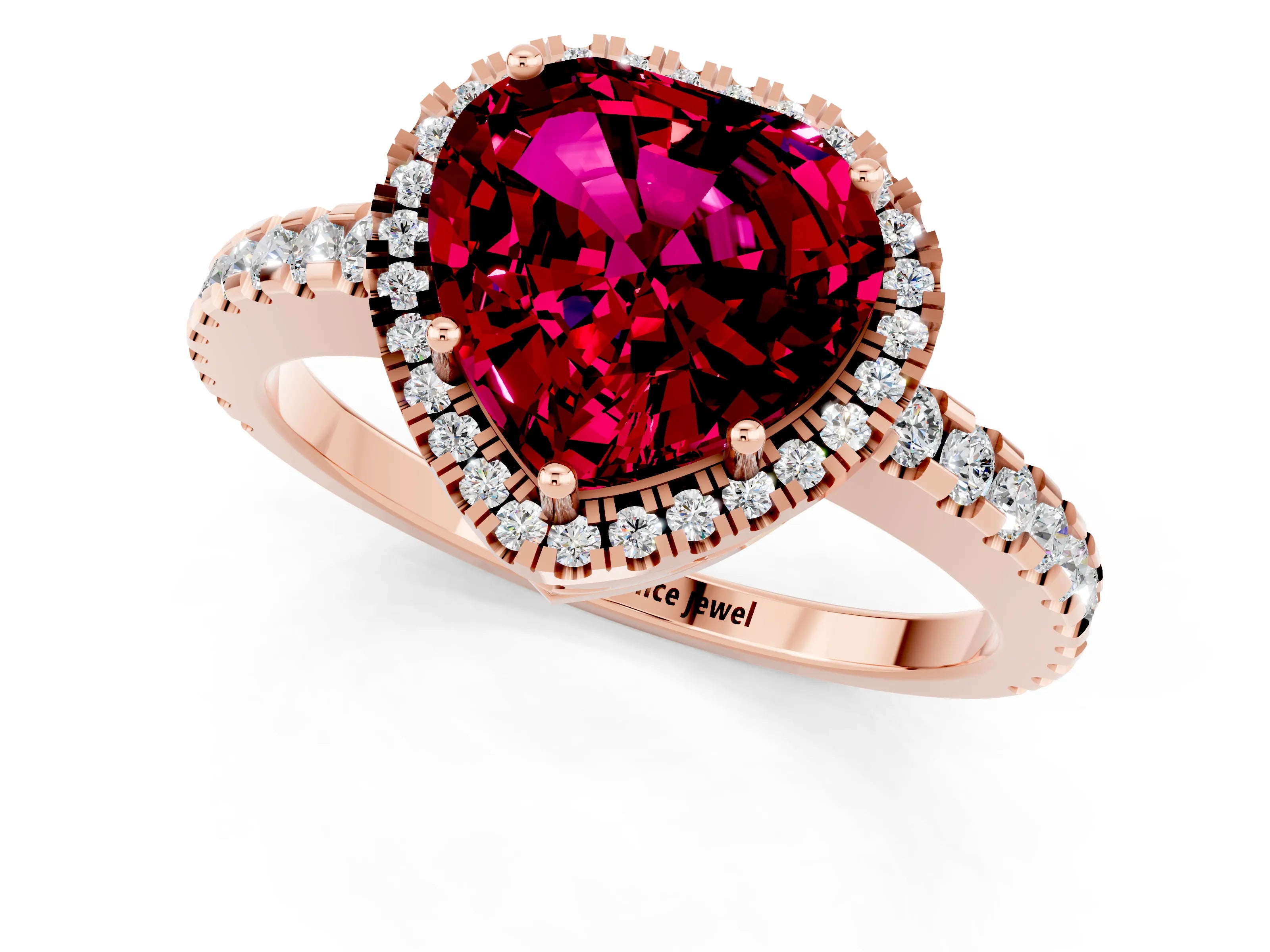 Rose gold Heart Cut Garnet Halo Engagement Ring with Pavé Band and Prong Setting_13