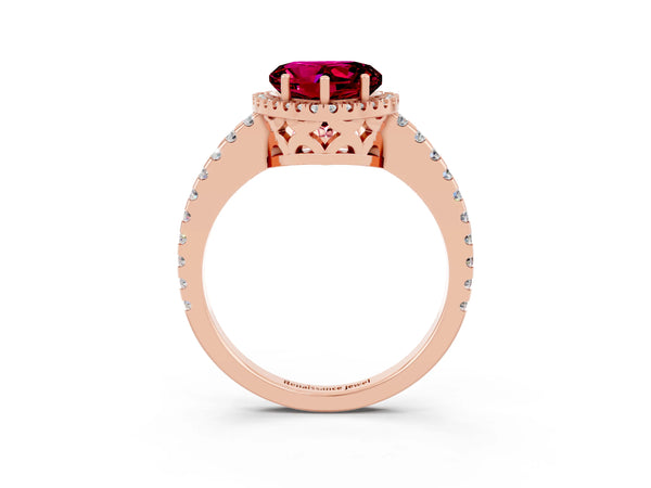 Rose gold Heart Cut Garnet Halo Engagement Ring with Pavé Band and Prong Setting